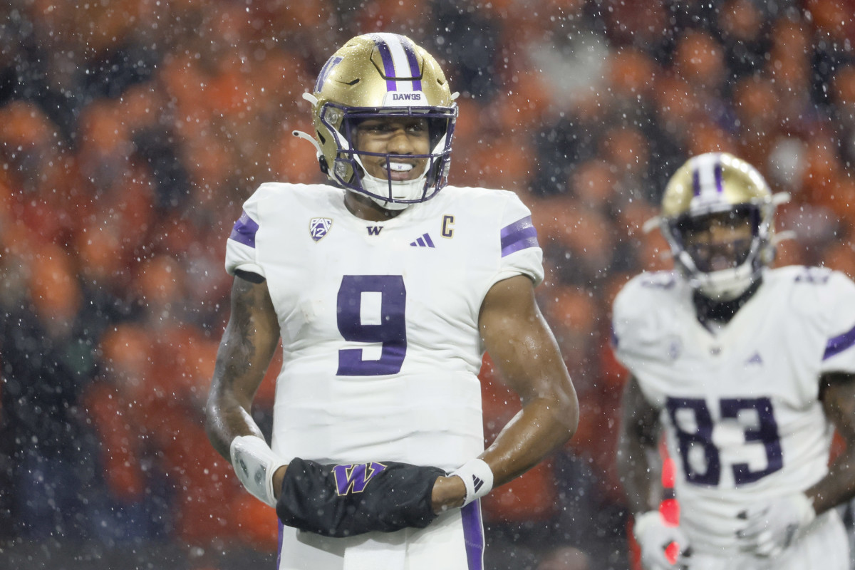 Nov 18, 2023; Corvallis, Oregon, USA; Washington Huskies quarterback Michael Penix Jr. (9) looks on during the first half against the Oregon State Beavers at Reser Stadium. Mandatory Credit: Soobum Im-USA TODAY Sports  